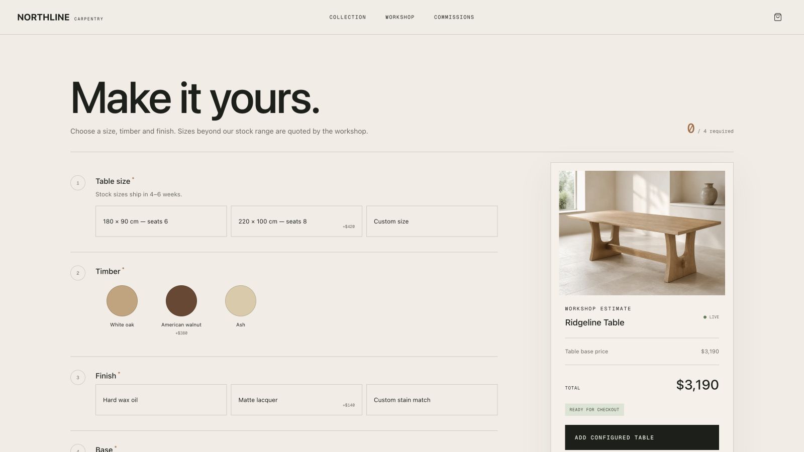 Northline's Makewright configurator with a live workshop estimate and instant checkout path.