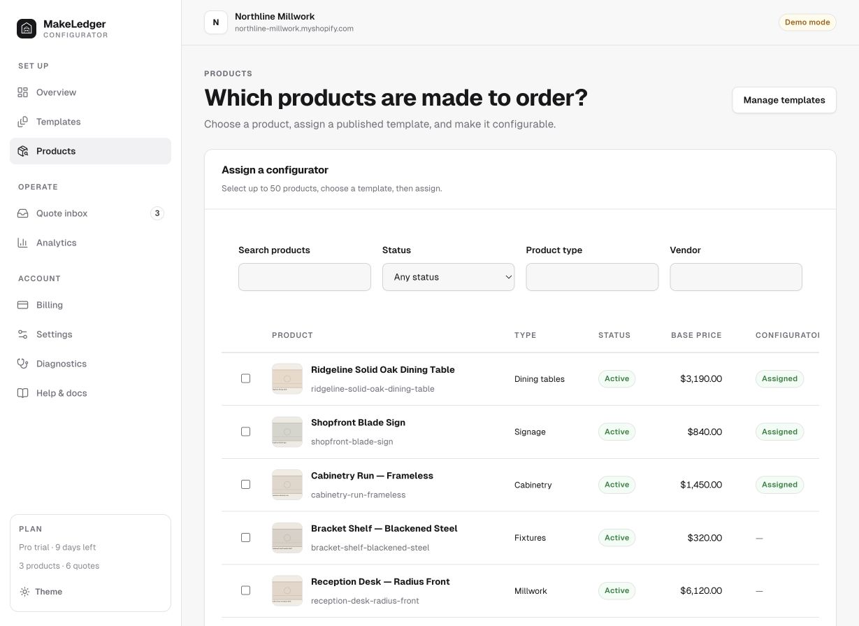Makewright product assignment table showing active Shopify products and configurator status.