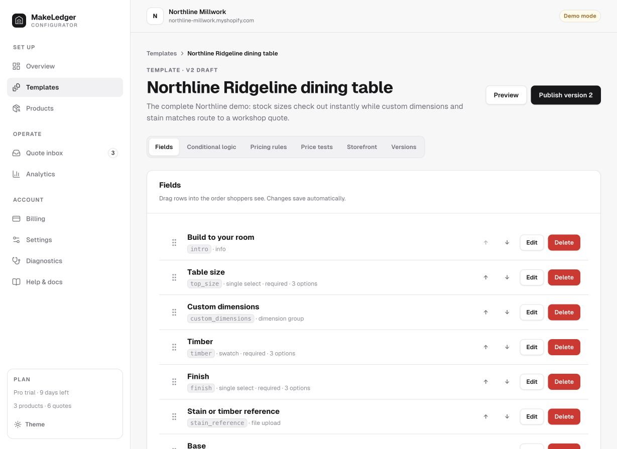 Makewright template builder showing the field list for a custom dining table.